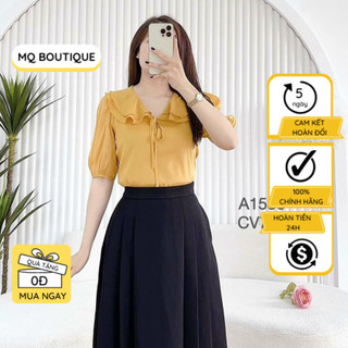 Áo sơ mi tơ hai lớp cao cấp cổ bèo nơ tay ngắn bo mềm mại nhẹ nhàng thanh lịch , áo sơ mi thiết kế MQ Boutique