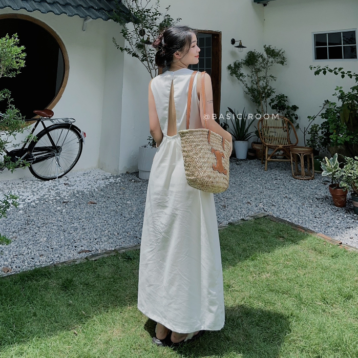 Midi linen - Đầm dài hở lưng dáng yếm, đầm linen hở lưng 2 lớp by Basicroom (ảnh chính chủ)