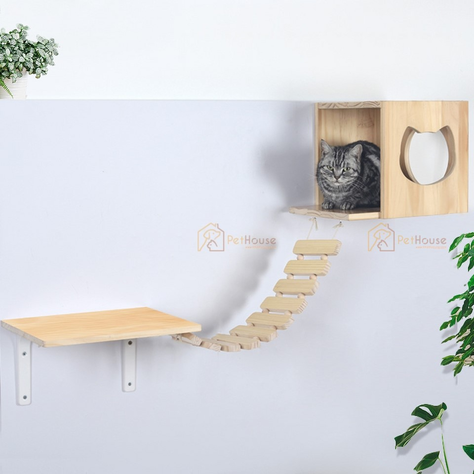 Khu vui chơi dành cho mèo gắn tường 15 chi tiết chất liệu gỗ plywood phủ melamin