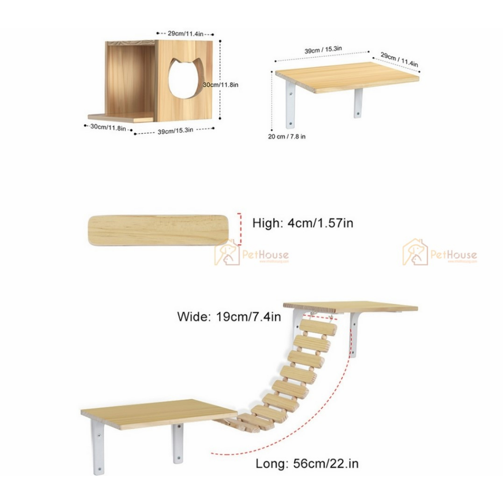 Khu vui chơi dành cho mèo gắn tường 15 chi tiết chất liệu gỗ plywood phủ melamin