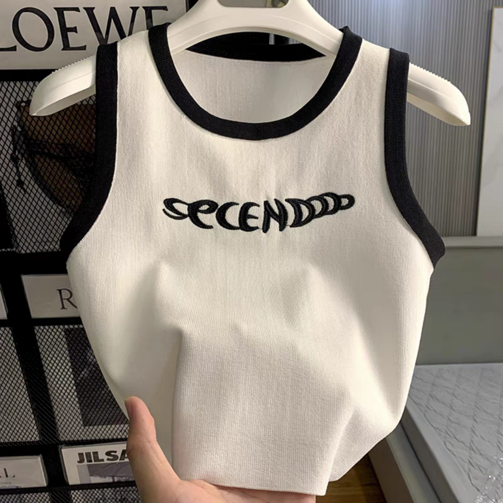 Áo croptop Ba lỗ nữ ôm thun bozip YaVy siêu tôn dáng, Ba lỗ viền màu thêu chữ cá tính trẻ trung AO016