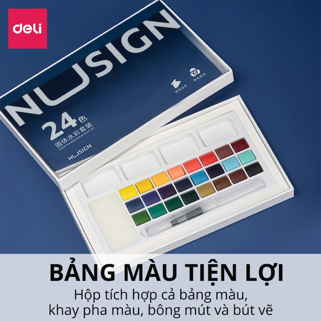 [PHIÊN BẢN MỚI] Màu Nước Dạng Nén Cao Cấp 24 Màu Nusign - Kèm Bút Vẽ, Bông Mút Chuyên Nghiệp, Màu bền, đậm, Dễ Loang Màu