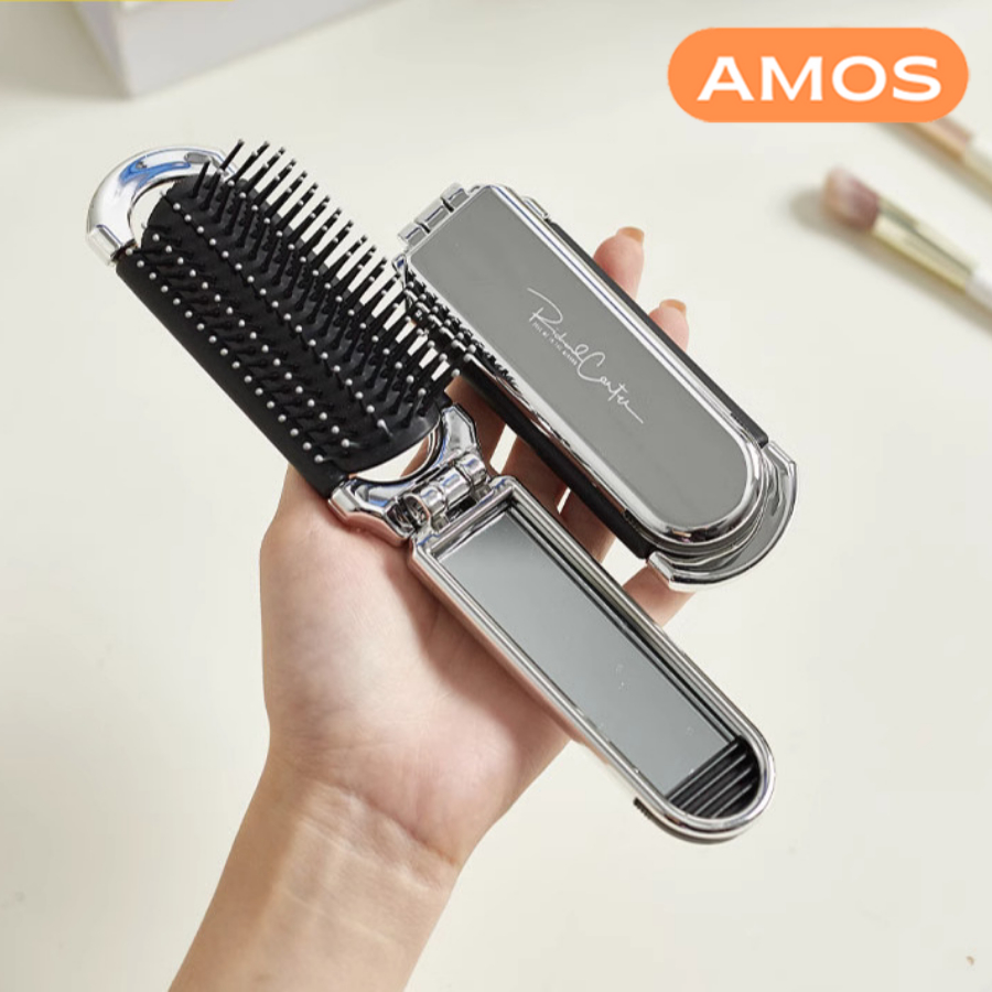 Gương trang điểm tích hợp lược gấp gọn AMOS, Gương lược di động massage da đầu sang trọng nhỏ gọn, dễ dàng mang theo