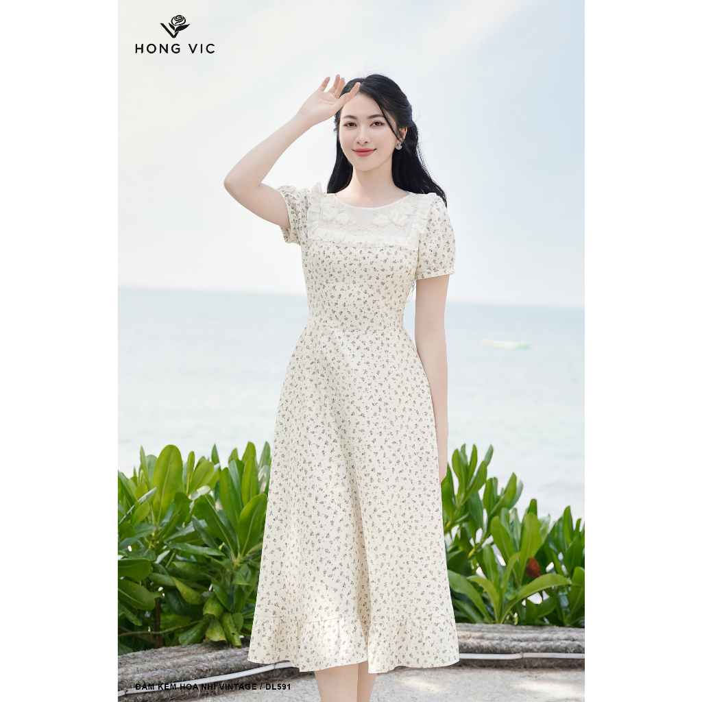 Đầm nữ thiết kế Hong Vic kem hoa nhí vintage DL591