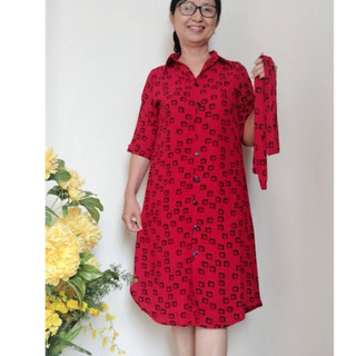 Size 2XL, 3XL, 4XL - Đầm Trung Niên Kiểu Sơ Mi - Vải Lụa Đũi Ý - Có Dây Cột Ngang Eo