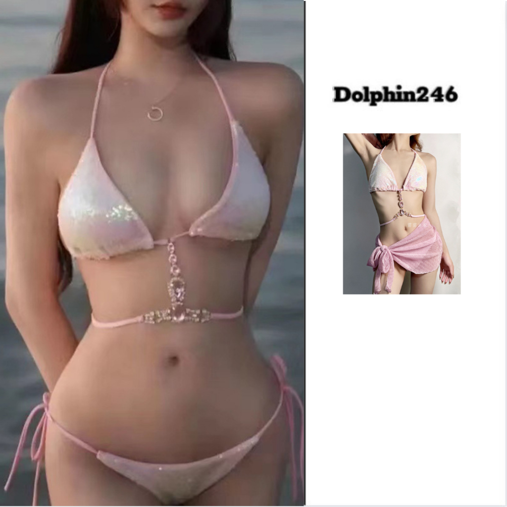 Bikini đi biển cho nữ set 3 chi tiết áo kèm quần và khăn quấn đính đá sang chảnh màu hồng xinh xắn công chúa