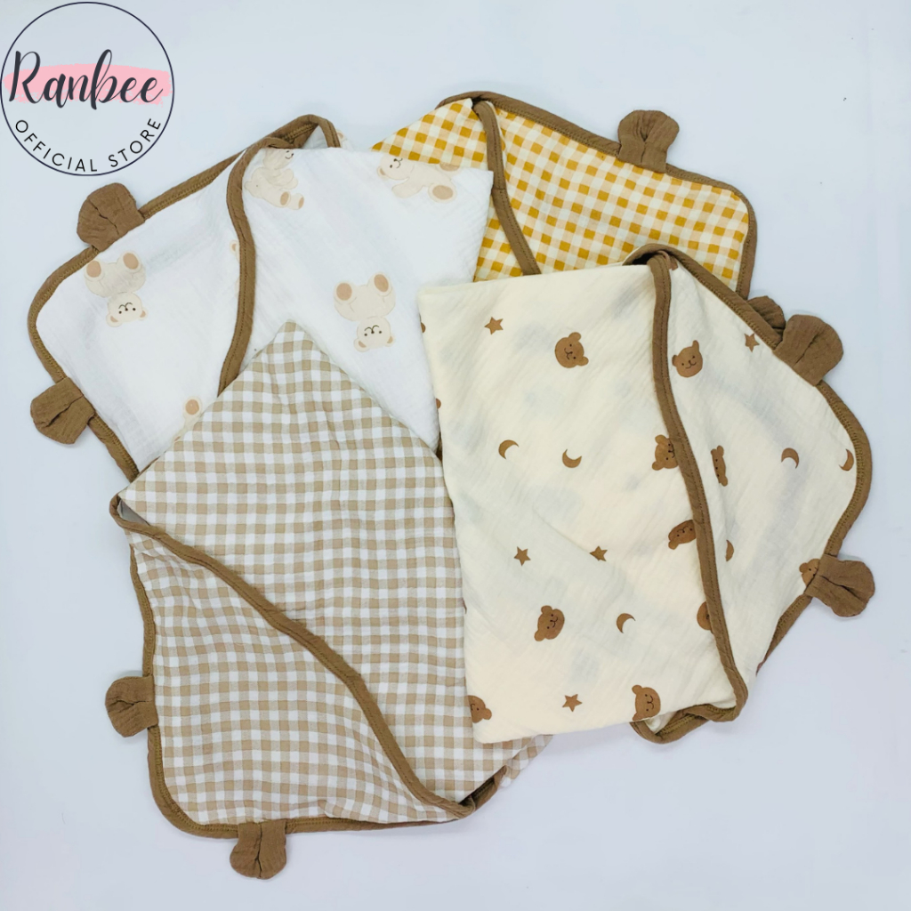 Khăn Quấn Ủ Cho Bé Sơ Sinh Ranbee Có Mũ Tai Gấu Chất Xô Musline Cao Cấp Kích Cỡ 65x65cm
