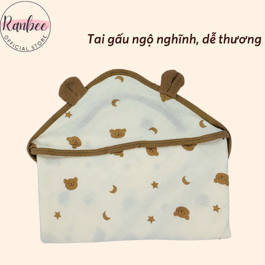 Khăn Quấn Ủ Cho Bé Sơ Sinh Ranbee Có Mũ Tai Gấu Chất Xô Musline Cao Cấp Kích Cỡ 65x65cm