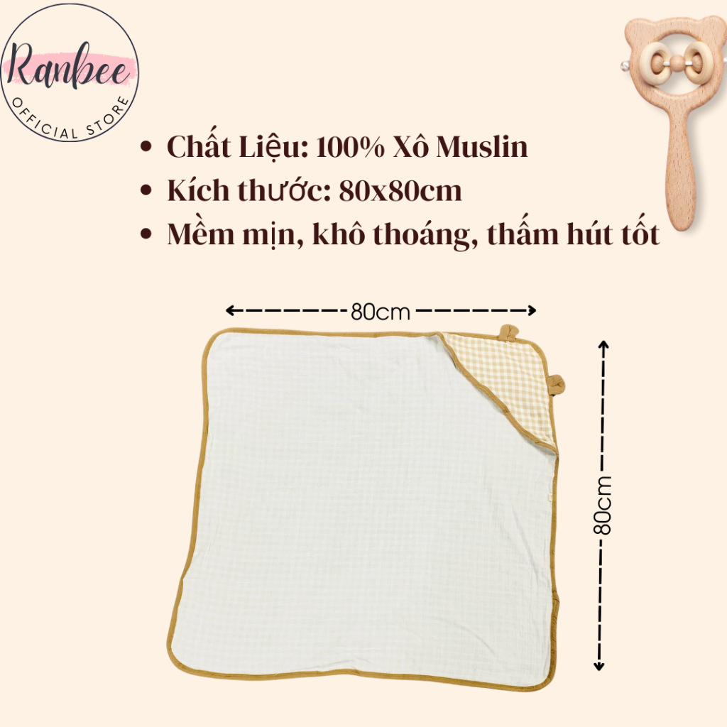 Khăn Quấn Ủ Cho Bé Sơ Sinh Ranbee Có Mũ Tai Gấu Chất Xô Musline Cao Cấp Kích Cỡ 65x65cm