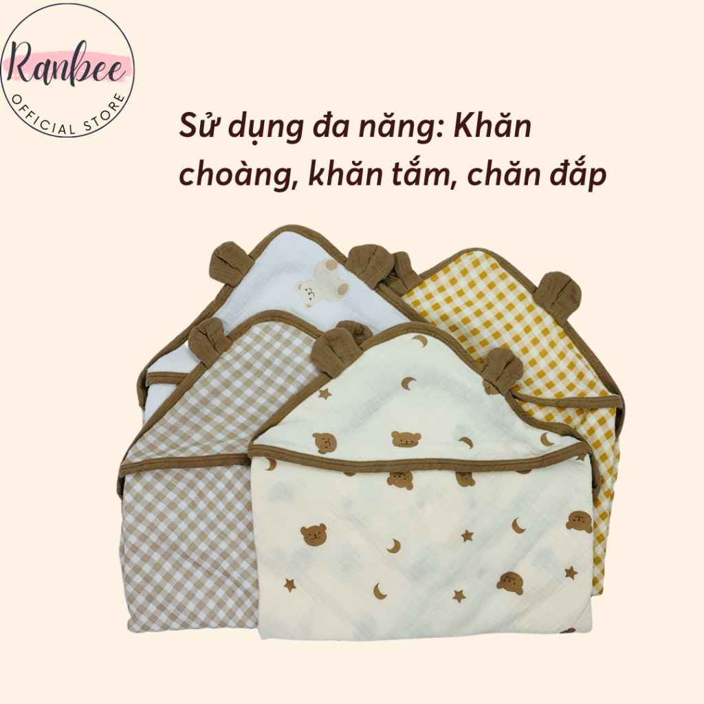 Khăn Quấn Ủ Cho Bé Sơ Sinh Ranbee Có Mũ Tai Gấu Chất Xô Musline Cao Cấp Kích Cỡ 65x65cm