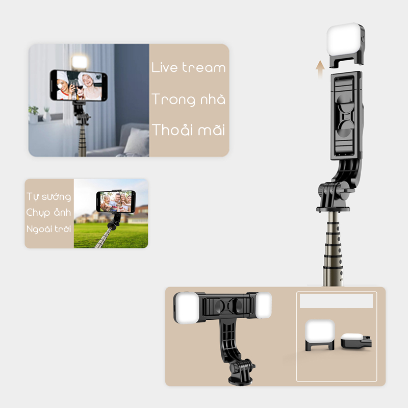 Gậy chụp ảnh 3 chân gậy tự sướng kèm remote bluetooth chụp ảnh từ xa tripod điện thoại có đèn led livestream