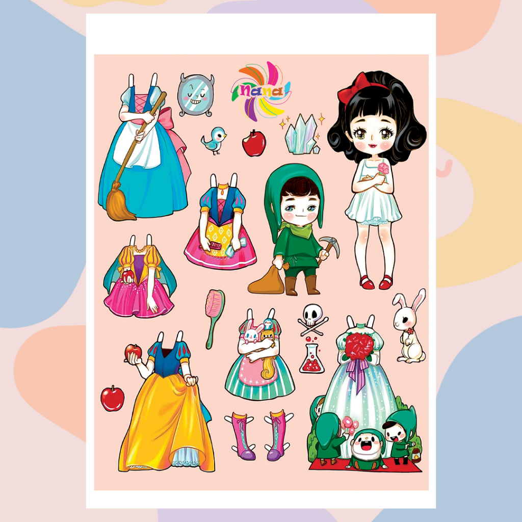 Búp bê giấy Chibi thay đồ thủ công các nàng công chúa cổ tích Disney cho bé Combo 7 hình siêu đáng yêu 002