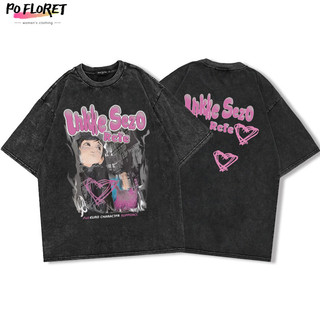 PO FLORET Áo thun unisex rộng hoạt hình in áo phông nữ 100% Cotton Phong cách retro t shirt