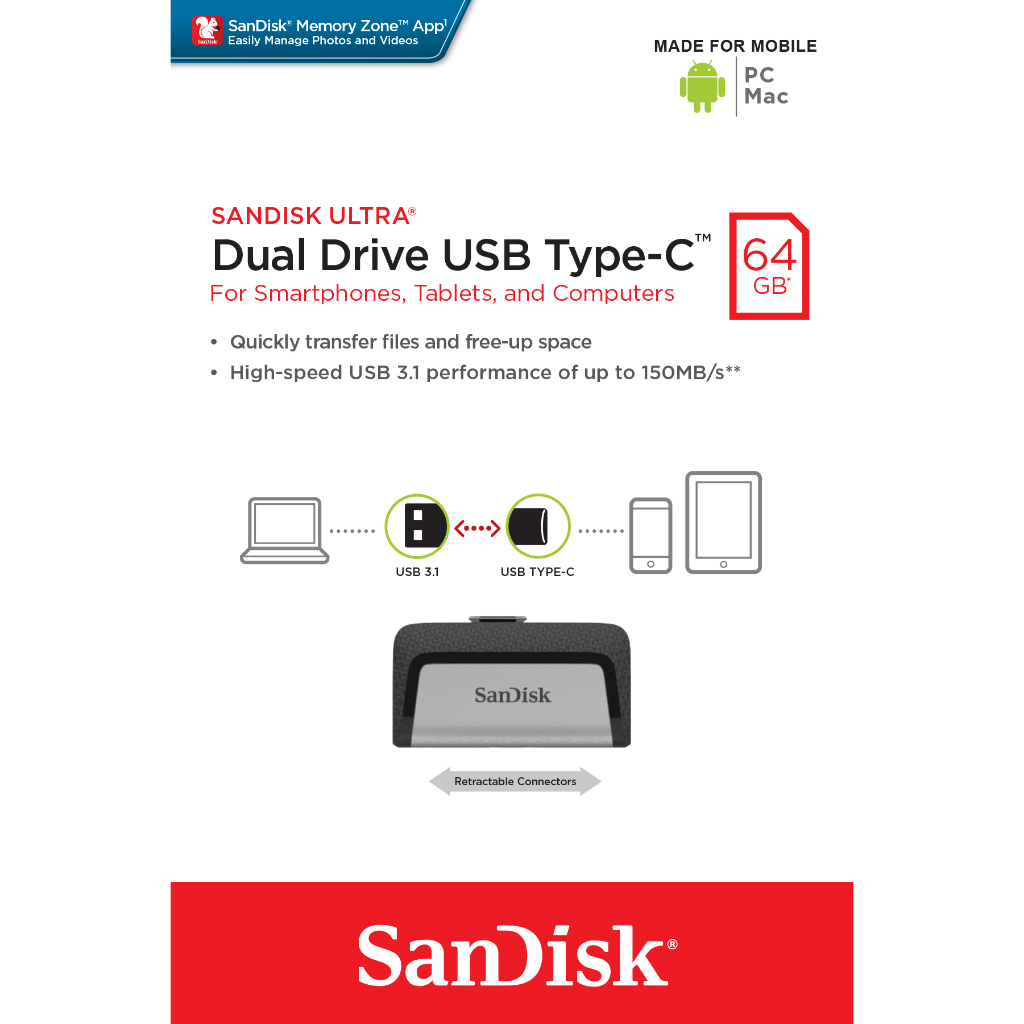 USB OTG 3.1 Gen 1 SanDisk 64GB SDDDC2 Ultra Dual Drive USB Type-C upto 150MB/s