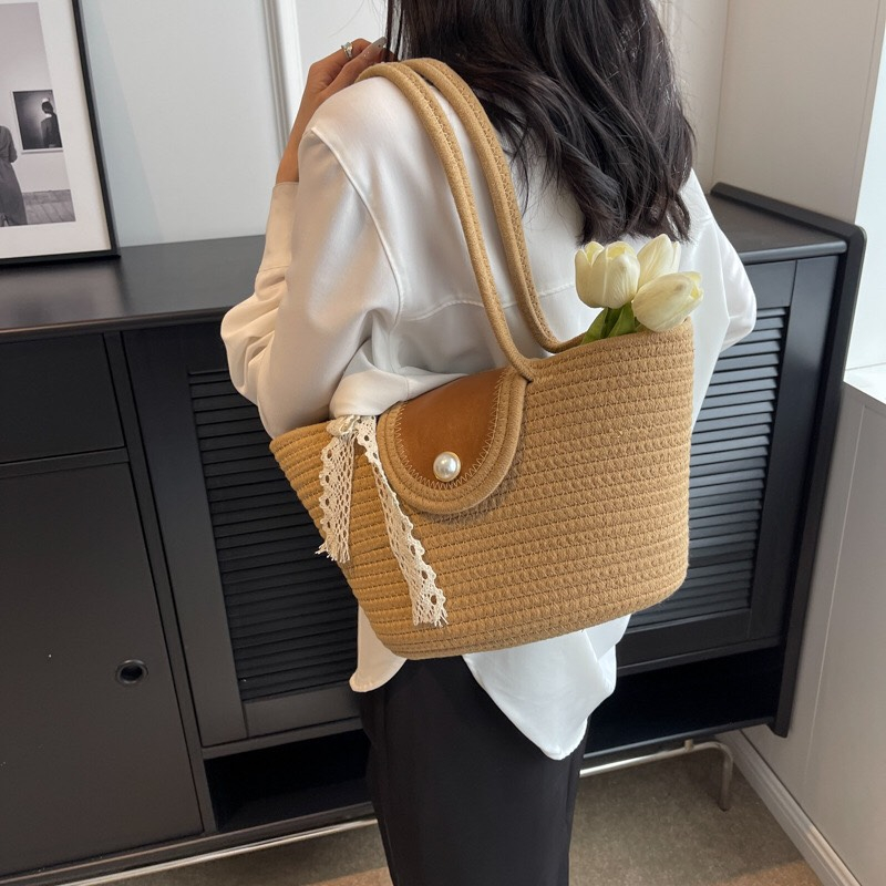 Túi Cói Đi Biển Đi Chơi Đi Du Lịch Quai Xách Xinh Xắn Đáng Yêu Phối Nơ Họa Tiết Sóng Sang Chảnh