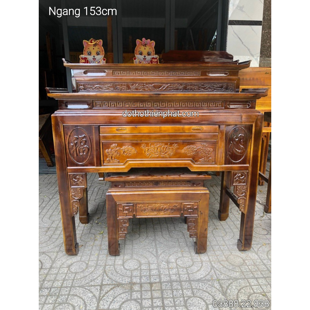 Bàn thờ gia tiên ngang 153cm gỗ tràm kèm đôn gỗ
