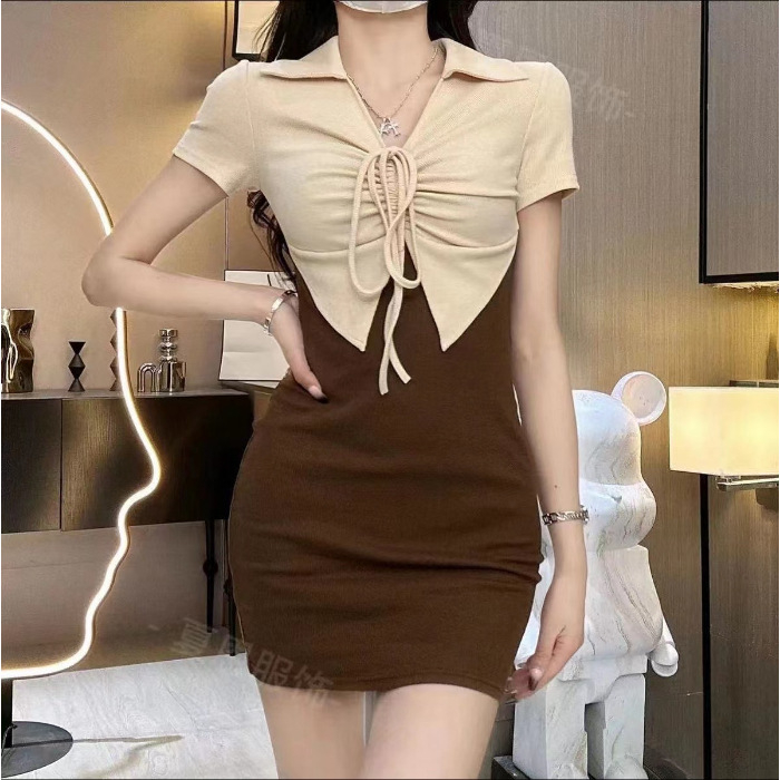 Đầm thun giả 2 mảnh ôm body rút dây