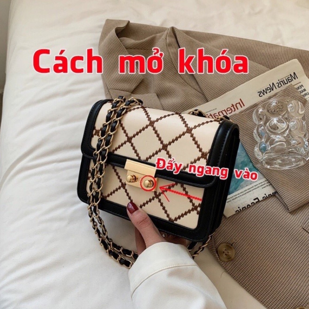 Túi xách nữ, túi đeo chéo thêu trần trám khóa miu K20