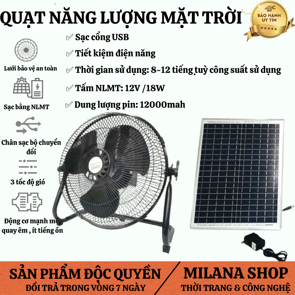 Quạt Tích Điện Năng Lượng Mặt Trời, Pin Siêu Khủng 12000 Mah, Công Suất Lớn, Dùng Trong Gia Đình, Đi Dã Ngoại