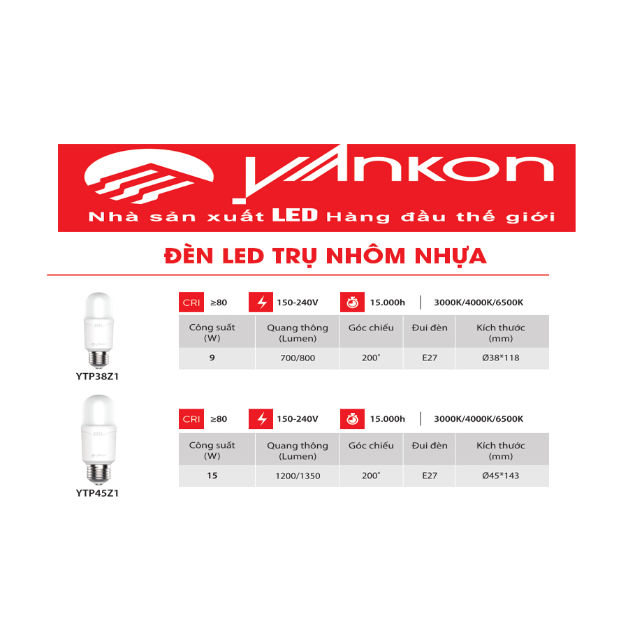 Đèn LED trụ nhôm nhựa thân dài 9W, 15W ánh sáng trắng thương hiệu YANKON