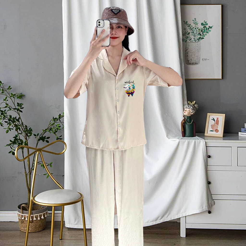 Đồ bộ nữ mặc nhà, pijama vải Tơ Tằm Ánh Kim N12 in hình cute set đồ tay ngắn quần dài