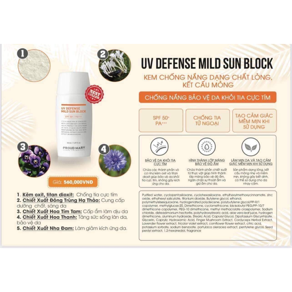 Kem Chống Nắng PROUD MARY UV DEFENSE MILD SUN BLOCK SPF50+ / PA+++ 50ML
