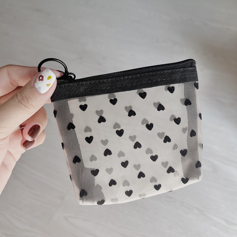 Túi lưới đựng mĩ phẩm mini hoạ tiết trái tim xinh xắn