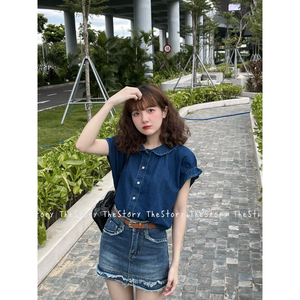 Áo sơ mi denim tay bèo  A3141
