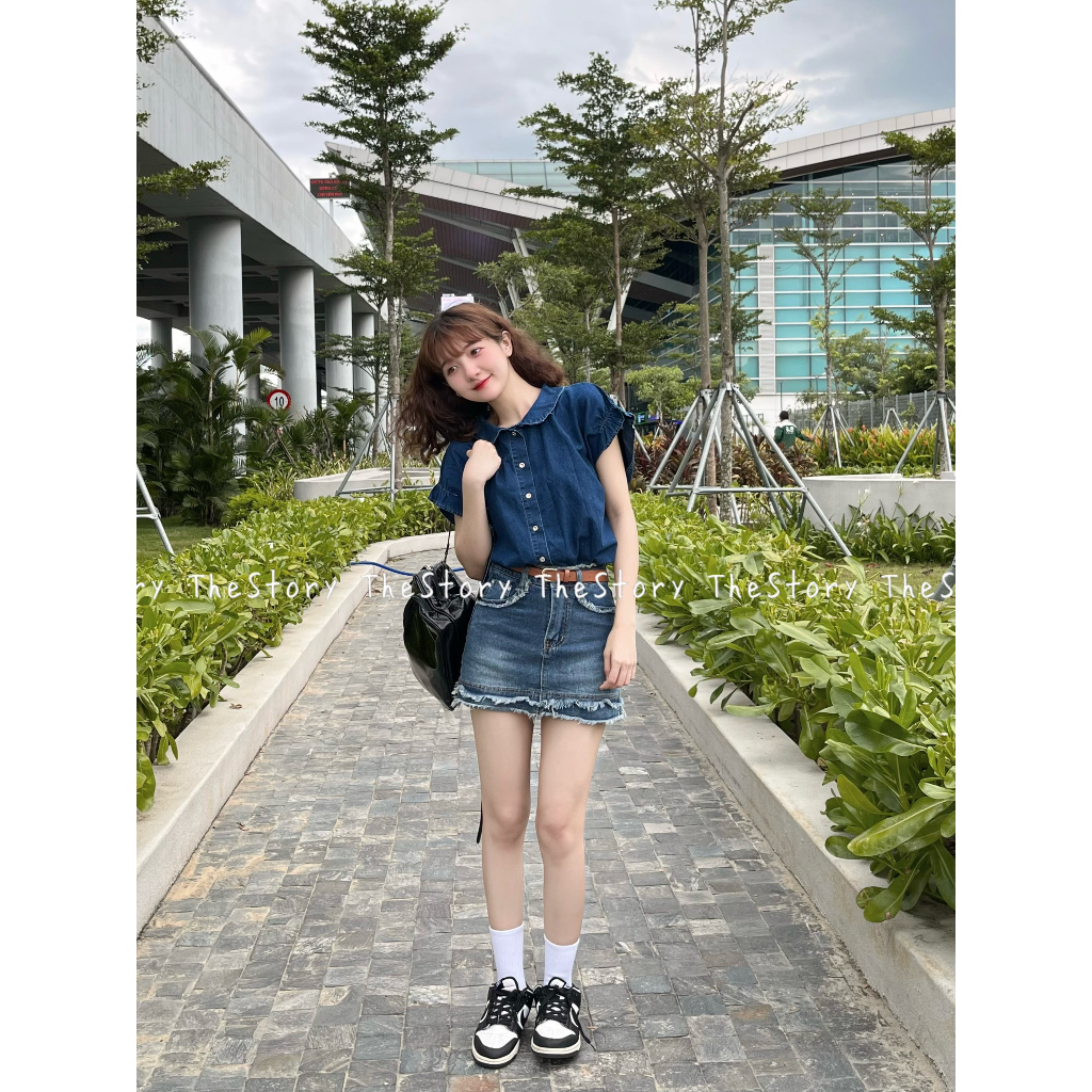 Áo sơ mi denim tay bèo  A3141