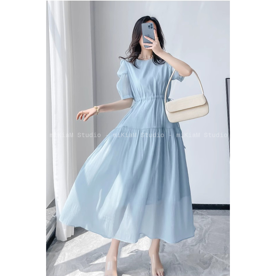 Váy maxi đi biển, váy maxi liền, váy lụa MIKIAM STUDIO MK106 ,mầu xanh dương chiết eo công sở dạo phố