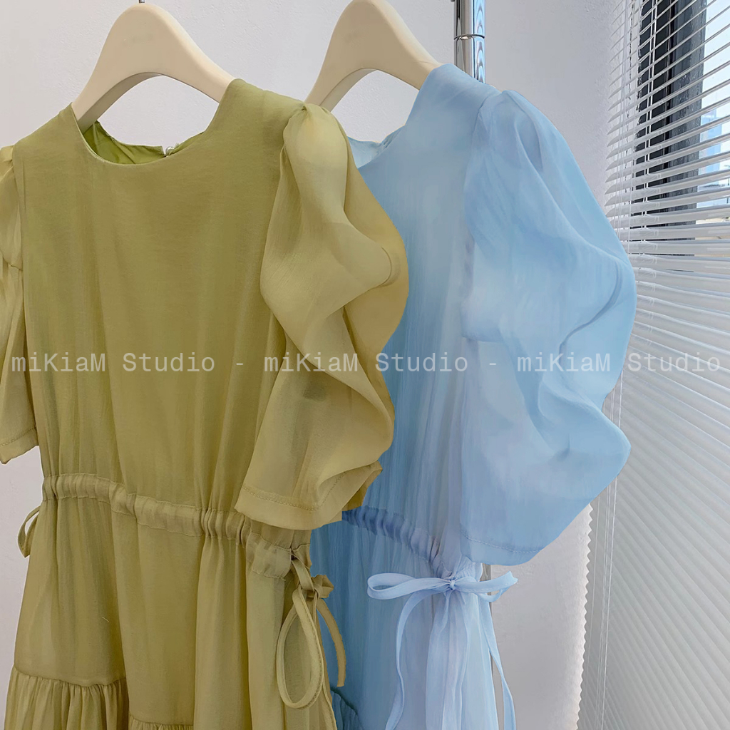 Váy maxi đi biển, váy maxi liền, váy lụa MIKIAM STUDIO MK106 ,mầu xanh dương chiết eo công sở dạo phố