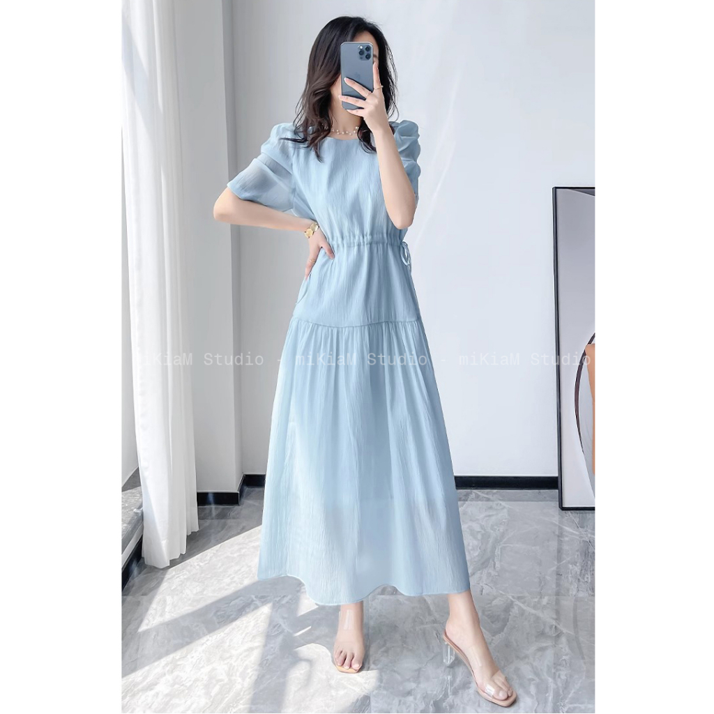 Váy maxi đi biển, váy maxi liền, váy lụa MIKIAM STUDIO MK106 ,mầu xanh dương chiết eo công sở dạo phố
