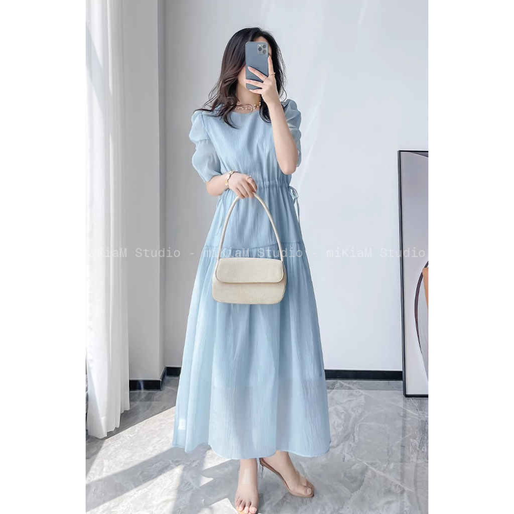 Váy maxi đi biển, váy maxi liền, váy lụa MIKIAM STUDIO MK106 ,mầu xanh dương chiết eo công sở dạo phố