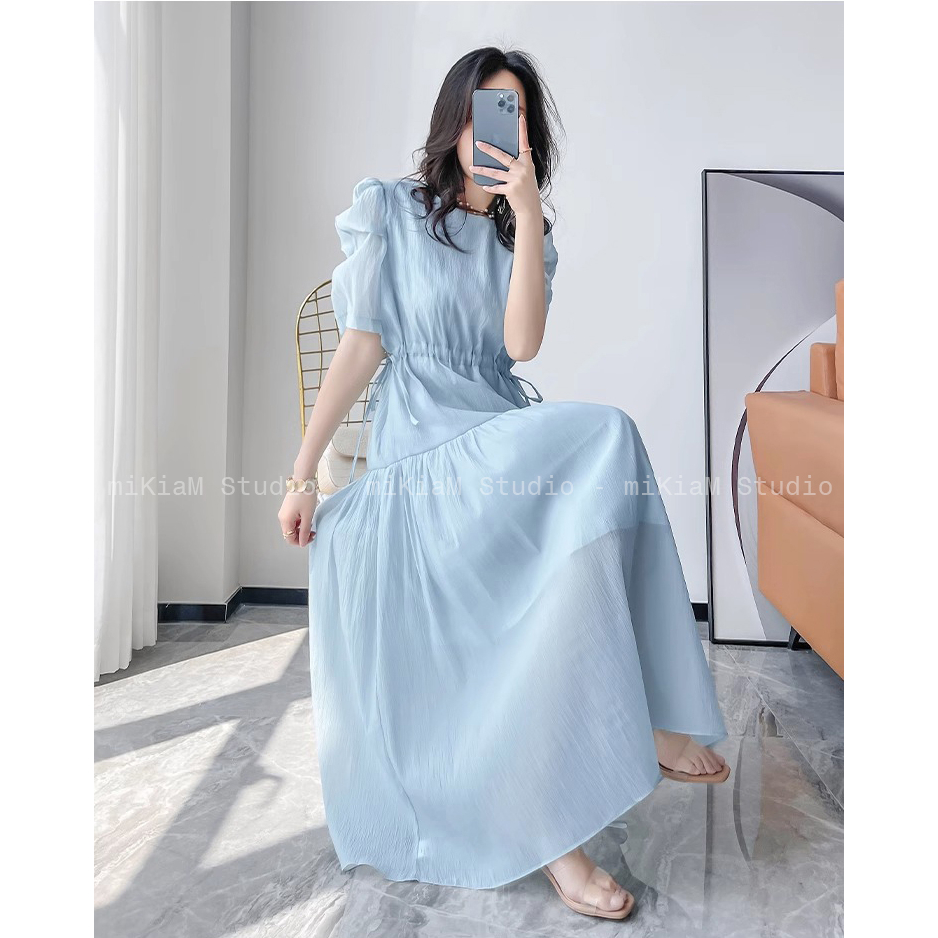 Váy maxi đi biển, váy maxi liền, váy lụa MIKIAM STUDIO MK106 ,mầu xanh dương chiết eo công sở dạo phố