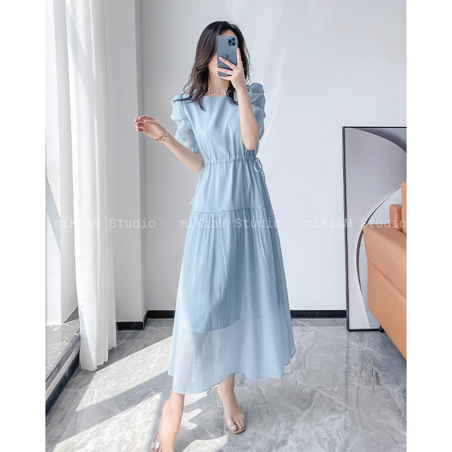 Váy maxi đi biển, váy maxi liền, váy lụa MIKIAM STUDIO MK106 ,mầu xanh dương chiết eo công sở dạo phố