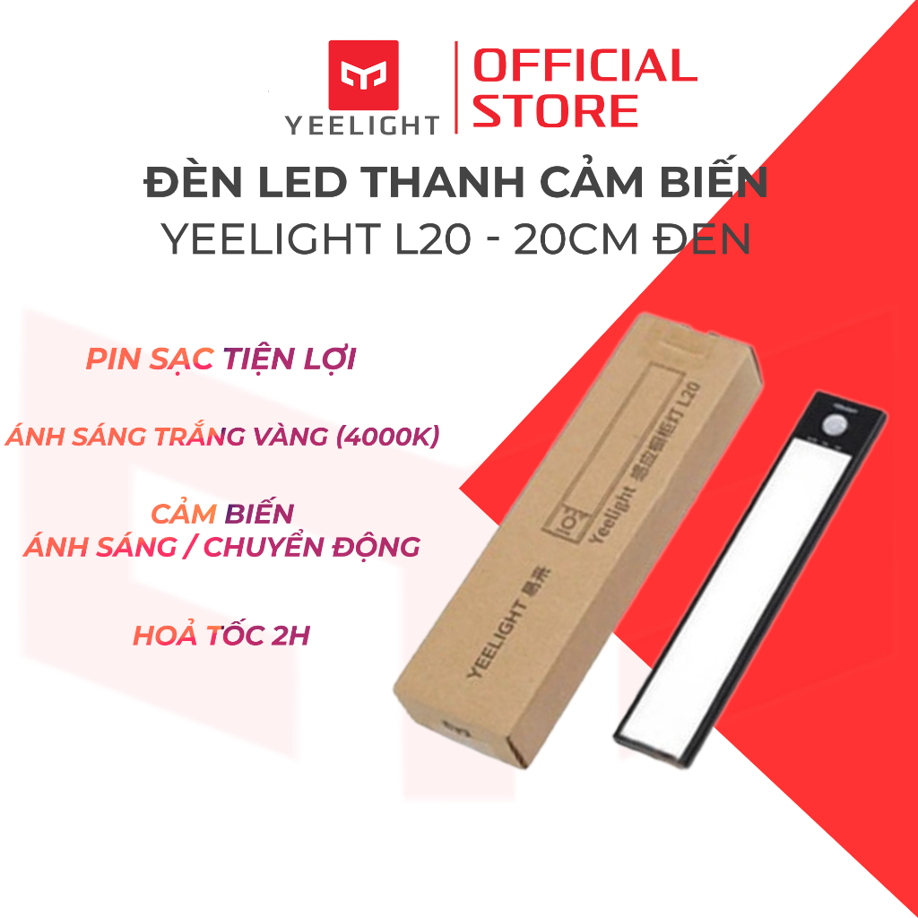 Đèn led thanh Yeelight L20 - Cảm biến ánh sáng và chuyển động, vàng trắng 4000K, 20cm đen, đế nam châm dễ dàng lắp đặt