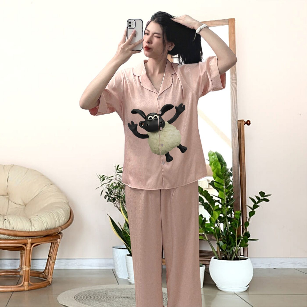 pijama nữ đồ ngủ vải  Ánh Kim N13 in chú cừu cute set đồ tay ngắn quần dài