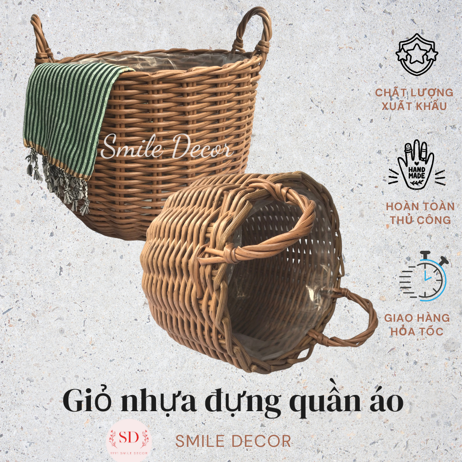 Giỏ nhựa tròn đựng đồ chơi, quần áo dơ, trồng cây Smile Decor có quai cầm tiện dụng - Round handwoven plastic basket