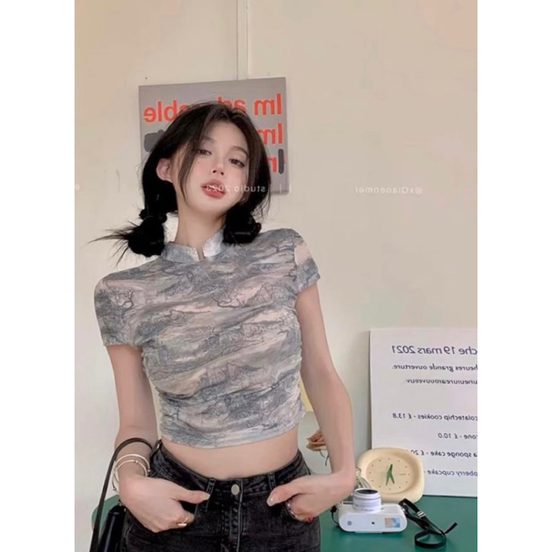 Áo Crop Top Cổ Tàu Màu Trẻ Trung