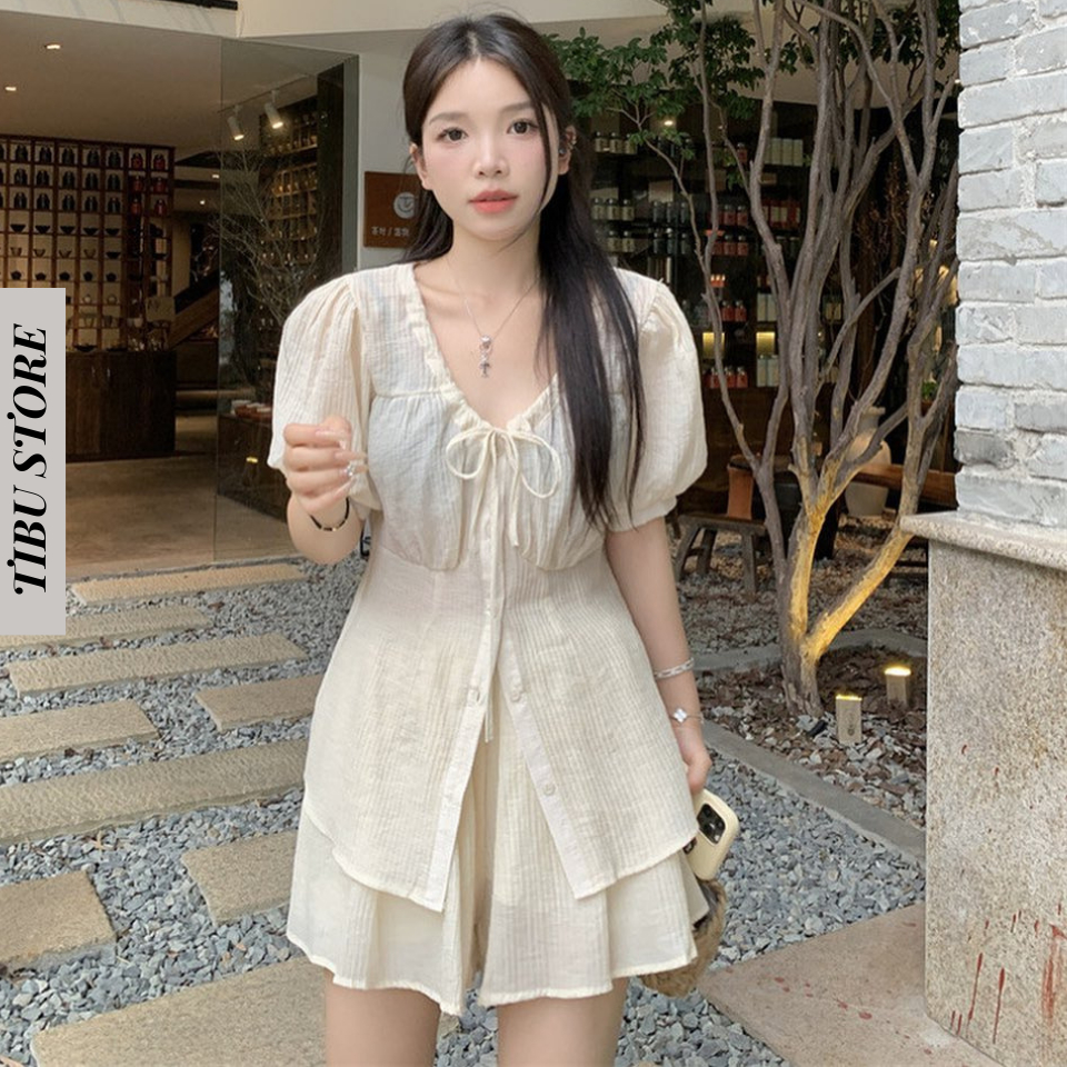 Set Áo Sơ Mi Tay Phồng Kèm Chân Váy Xoè ( tặng áo ống) TIBU Set Bộ Nữ Tiểu Thư Đáng Yêu Phong Cách Hàn Quốc