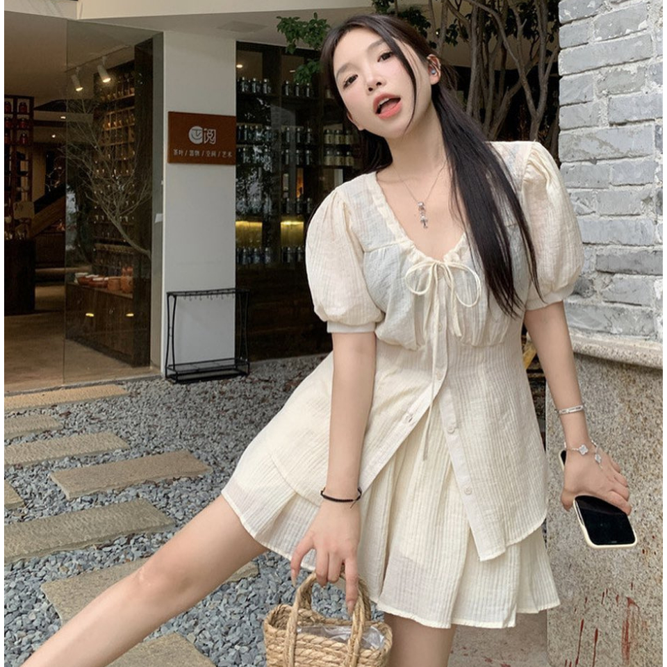 Set Áo Sơ Mi Tay Phồng Kèm Chân Váy Xoè ( tặng áo ống) TIBU Set Bộ Nữ Tiểu Thư Đáng Yêu Phong Cách Hàn Quốc