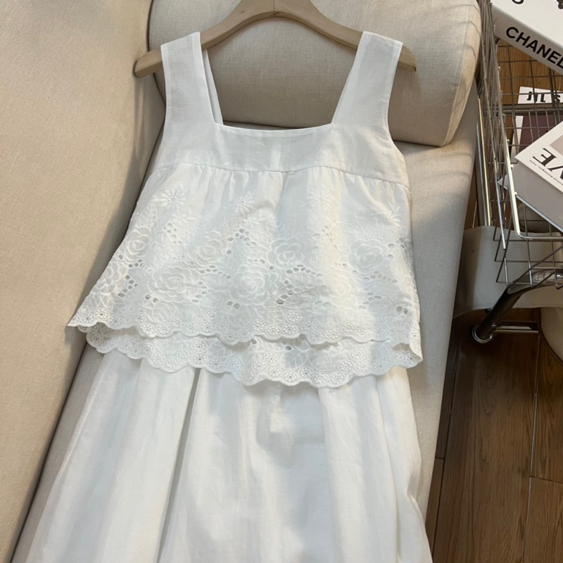 Set ren trắng áo 2 dây cổ vuông chân váy dài mặc đi chơi, đi du lịch 23'September Clothes