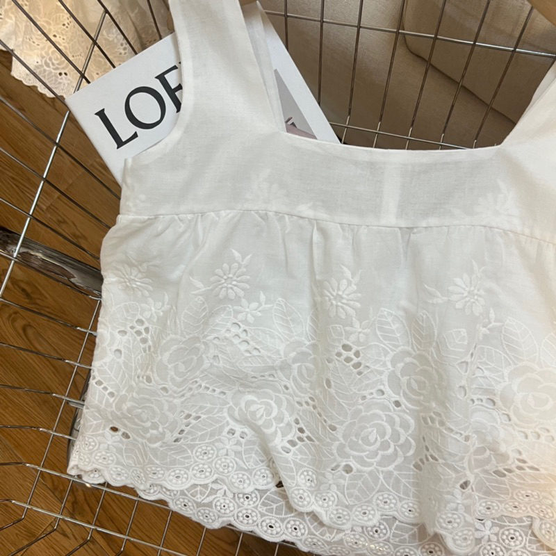 Set ren trắng áo 2 dây cổ vuông chân váy dài mặc đi chơi, đi du lịch 23'September Clothes