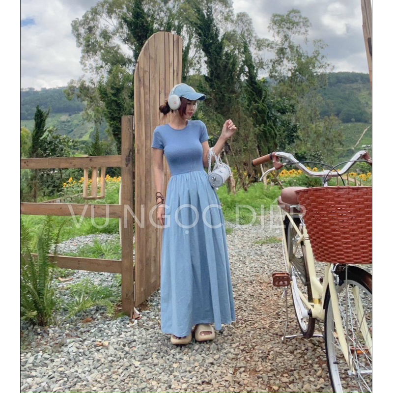 Đầm thun xoè phối denim siêu xinh