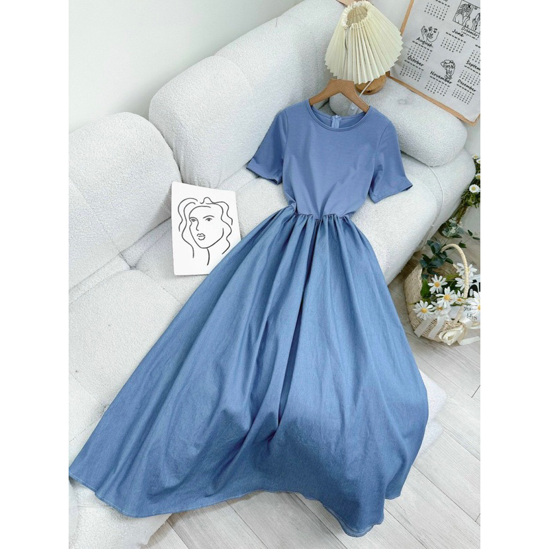 Đầm thun xoè phối denim siêu xinh
