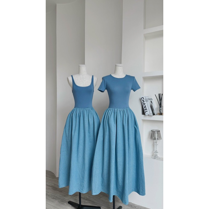 Đầm thun xoè phối denim siêu xinh