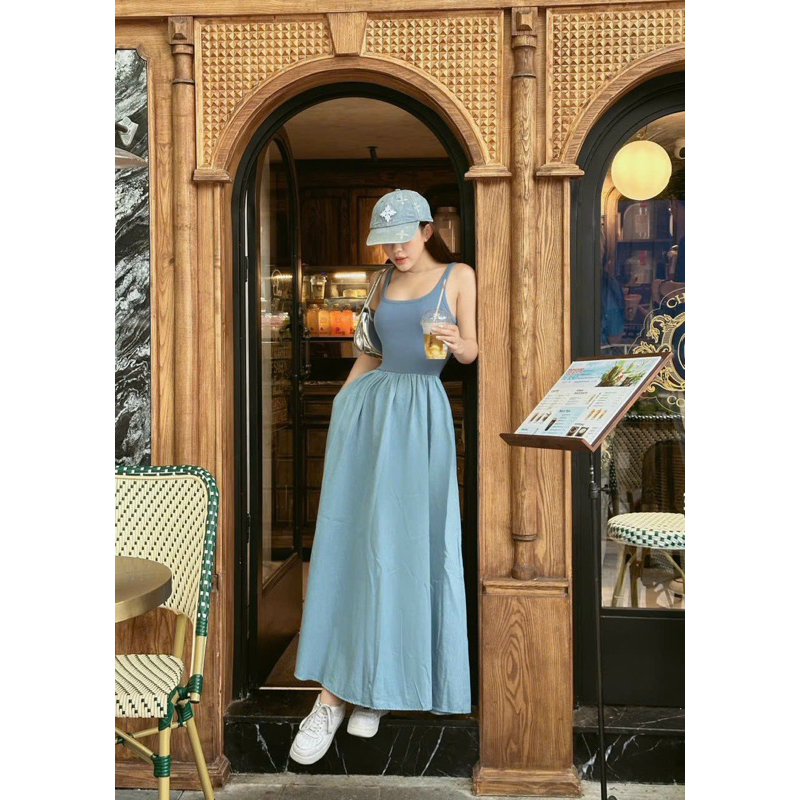 Đầm thun xoè phối denim siêu xinh