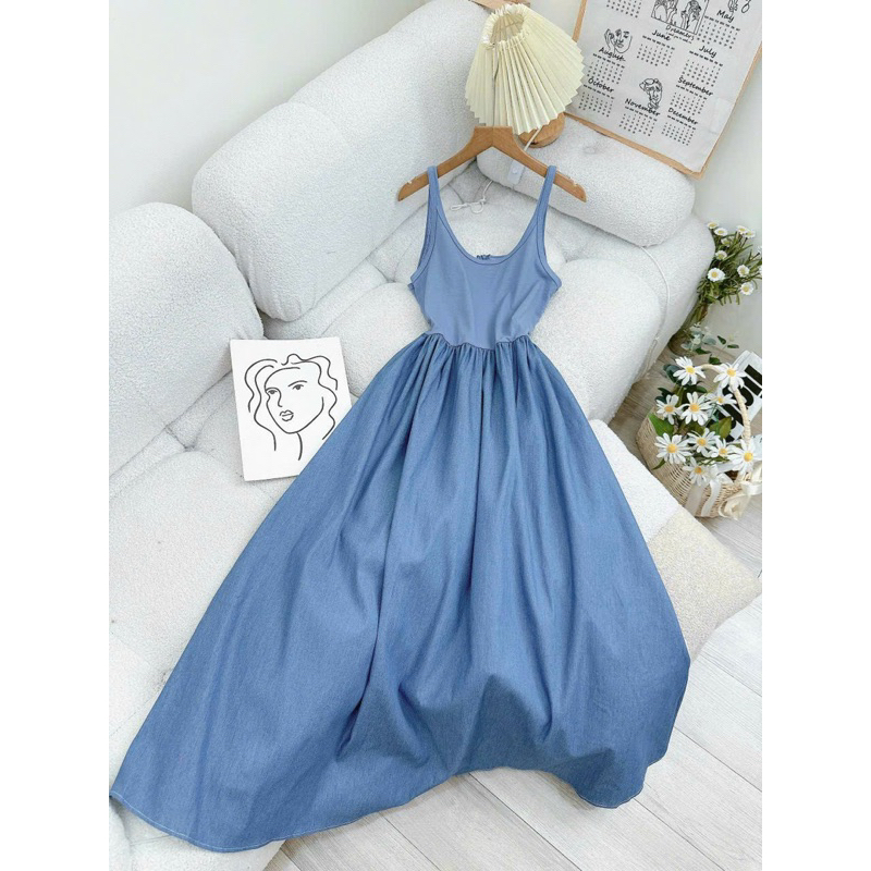 Đầm thun xoè phối denim siêu xinh