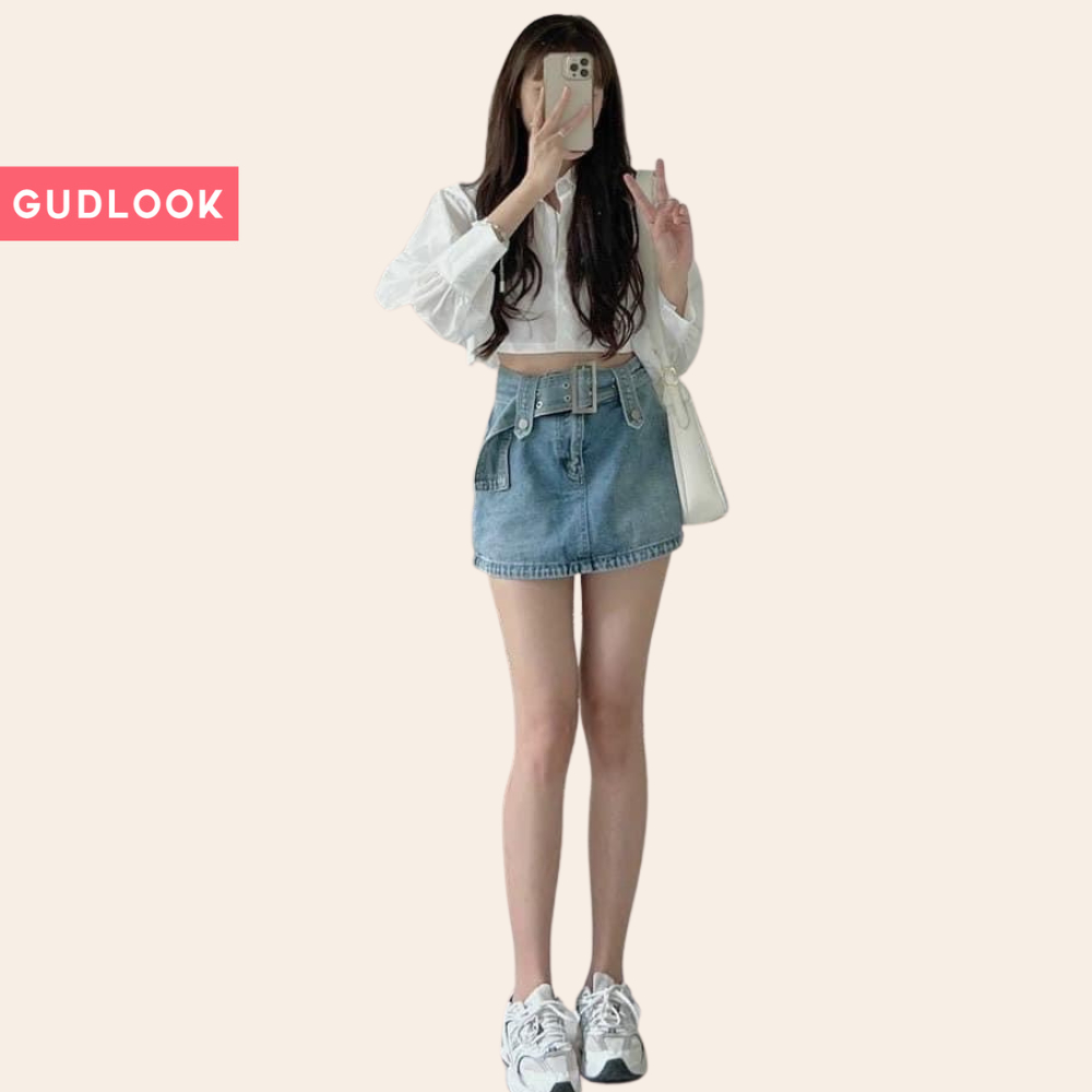 Áo Sơ Mi Croptop GUDLOOK Trắng Tay Dài Bồng Form Rộng