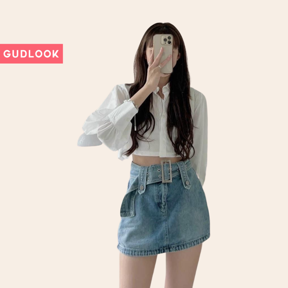 Áo Sơ Mi Croptop GUDLOOK Trắng Tay Dài Bồng Form Rộng